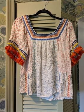 Anthropologie Boho Embroidered White Cotton Top with Orange Tassel Sleeves